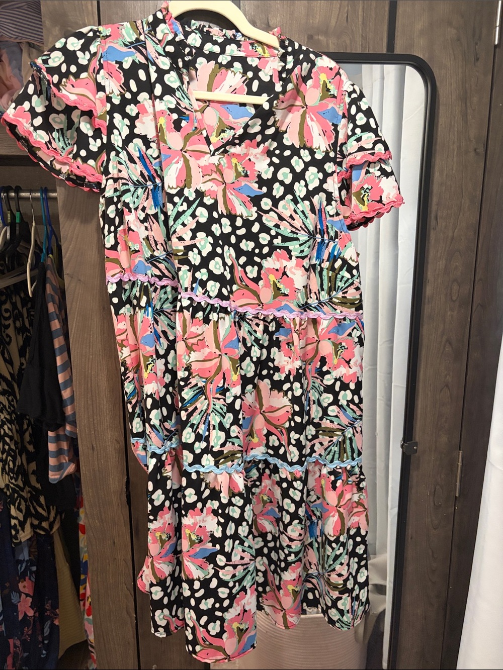 Women’s Black Floral Print Tiered Dress with Pink Accents